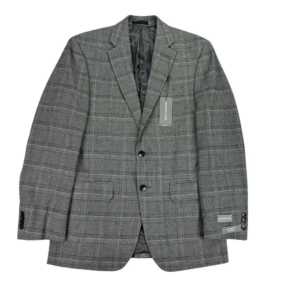 Michael Kors Mens Classic Fit Plaid Stretch Sport Coat Black White 36R